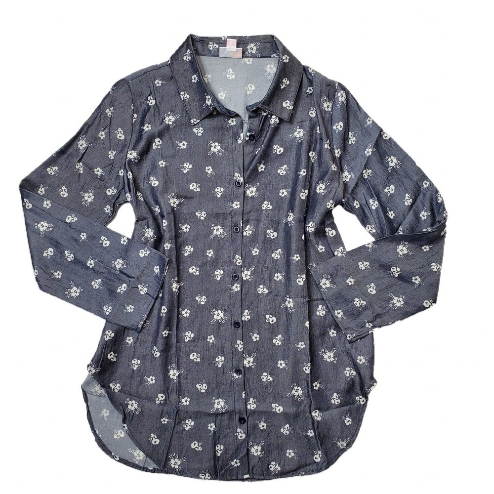 NEW LuLaRoe Denim Chambray Blue Floral Valentina Long‎ Sleeve Button Down Shirt